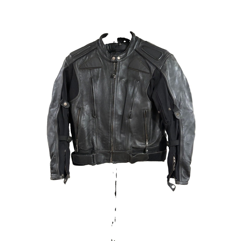 First Racing Men's XL Leather Motorcycle Jacket Black Silver Padded Armor Biker